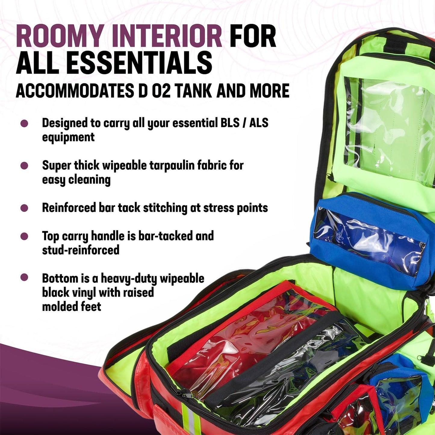 Kemp USA Heavy-Duty EMT Bag, Made with Fluid-Resistant Tarpaulin Material - Emergency Survival Kit with Room for D O2 Tank - Medical Backpack with Multiple Handles (Tarpaulin Fabric Red)