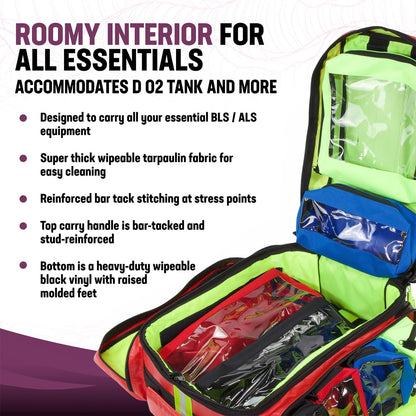 Kemp USA Heavy-Duty EMT Bag, Made with Fluid-Resistant Tarpaulin Material - Emergency Survival Kit with Room for D O2 Tank - Medical Backpack with Multiple Handles (Tarpaulin Fabric Red)