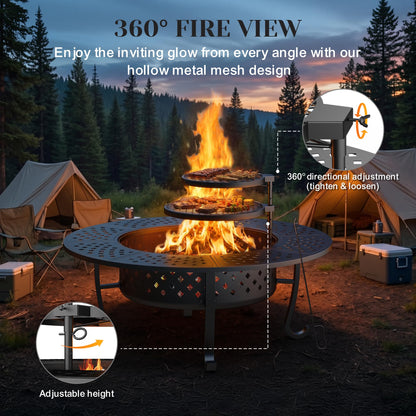 Outdoor Fire Pit, 48" Fire Pit for Outside Wood Burning with Adjustable 2 Grills, Firepit with Lid and Fire Poker, BBQ, Bonfire, Round Outdoor Fireplace 3 in 1 for Patio, Backyard, Garden, Camping