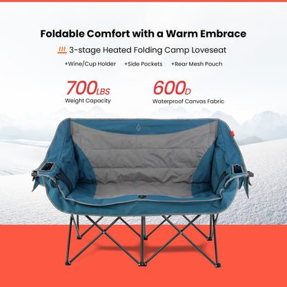 ARROWHEAD OUTDOOR 57" Wide Duo Foldable Heated Camping Loveseat Chair with 3-Stage Heating, Large Cup Holders, Glass Holders, Side Pockets, and Storage Pouches - Blue and Grey
