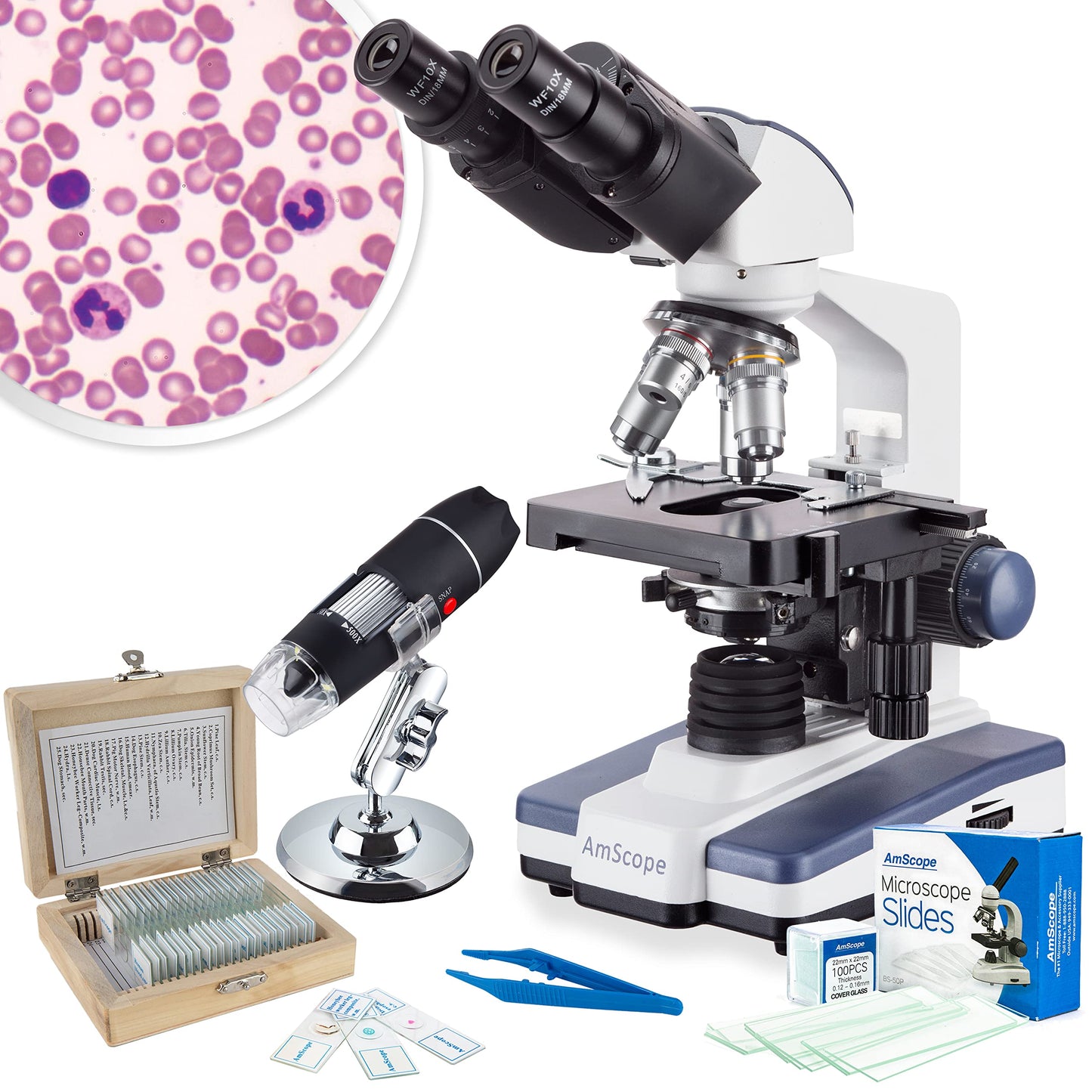 AmScope B120 Series Student & Professional Binocular Compound Microscope - 40X-2500X Magnification - Includes 3D Stage, Tweezers, 25-Piece Prepared Slides Set & Handheld Multi-USB Digital Microscope