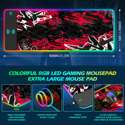 ToLuLu RGB Gaming Wireless Charging Mouse Pad, 5/7.5/10/15W 10 Light Modes LED Mouse Pad Computer Keyboard Mat Mousepad, 800x300x4MM Extended Large Desk Mat for Gaming, MacBook, Laptop, PC, Galaxy