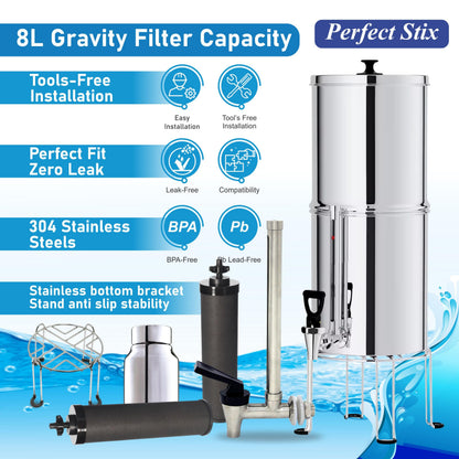 Denali Spring-2.25G (8 Liters)- Stainless Steel Gravity-Fed Water Filtration System with 2 Black Filters, SS Tap, POSTreat Filters, Vision Tap and Stainless Steel Stand