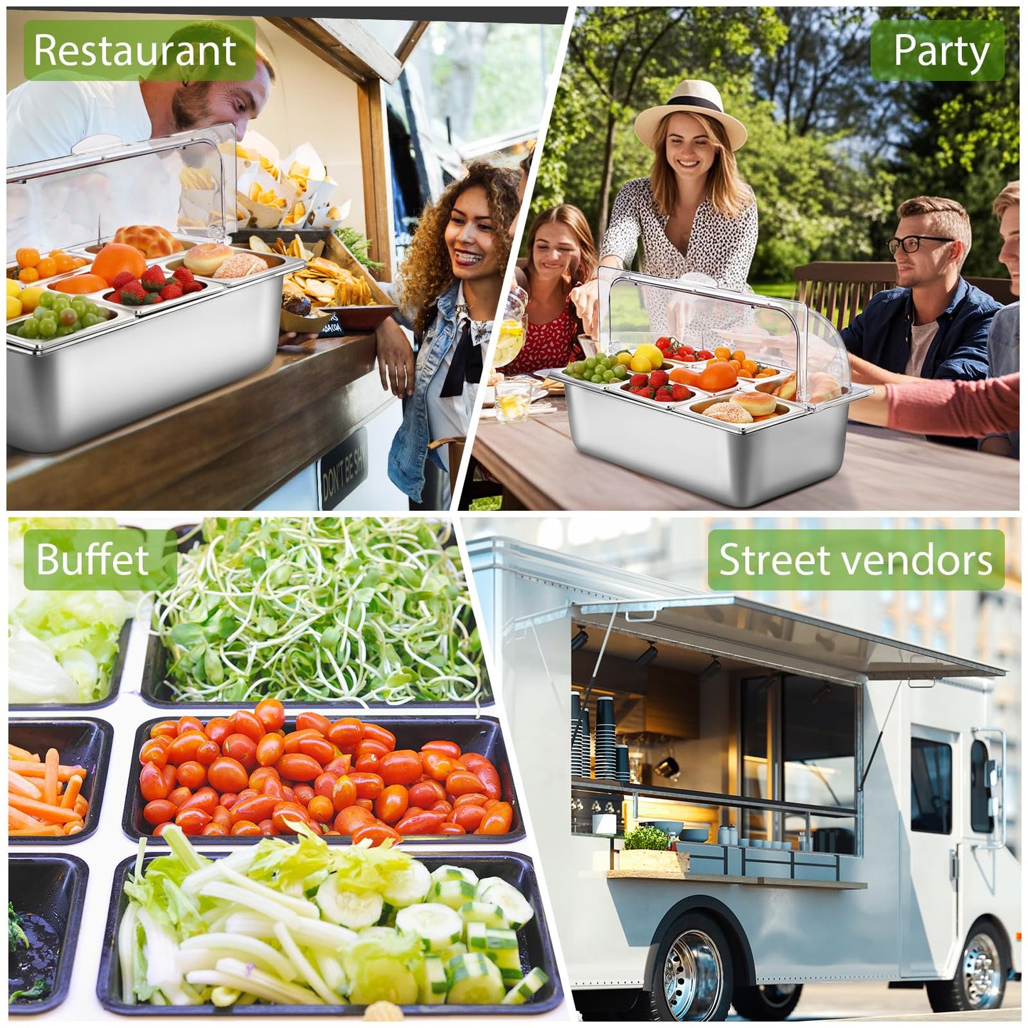 Ziliny Countertop Food Serving Display Container and Clear Roll Top Cover Stainless Steel Food Serving Tray Buffet Condiment Dispenser Display Rack for Restaurant Hotel Kitchen Party (8 Pan)