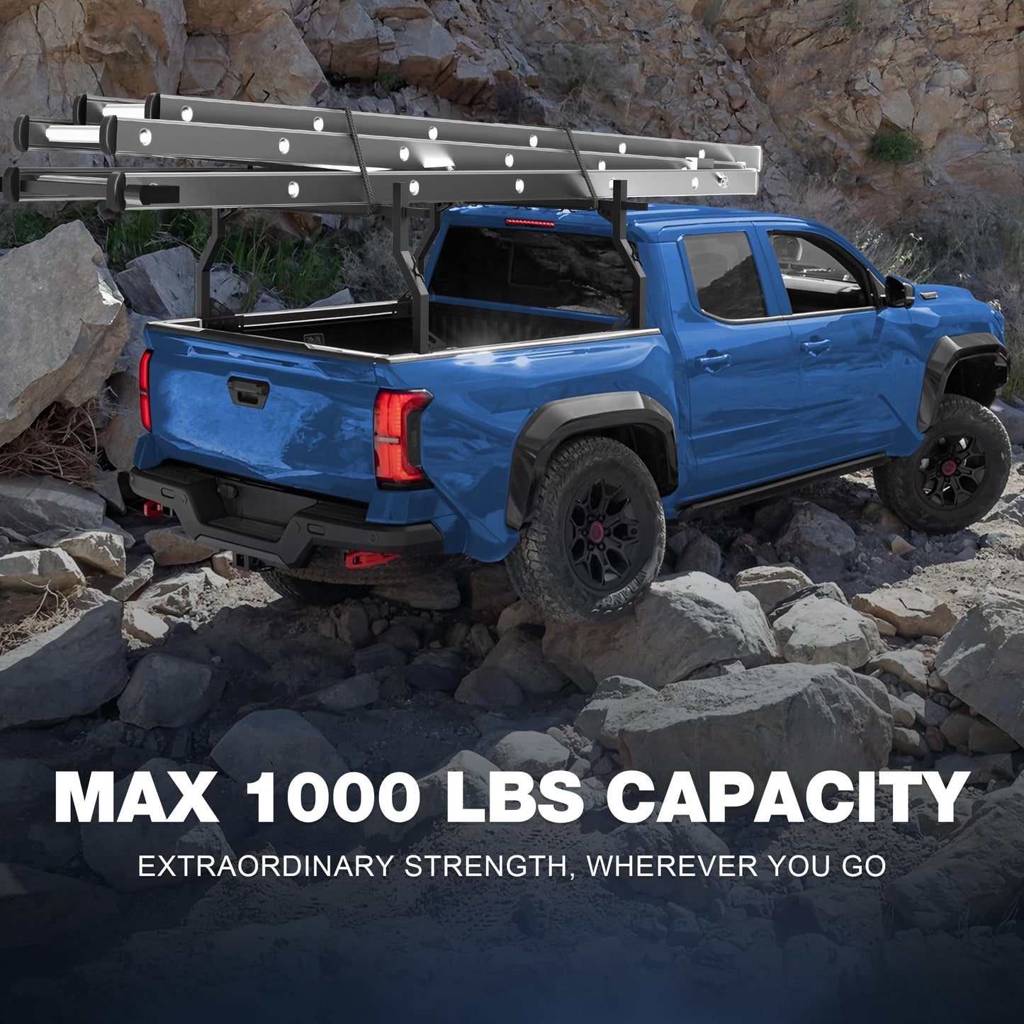 Ladder Rack for Truck Bed, Adjustable 46"-71" Width Heavy-Duty Truck Rack with E-Coating & Powder-Coated Finish, 1000LBS Capacity, No-Drilling Universal Fit for Kayaks Canoes Ladders Camping Gear