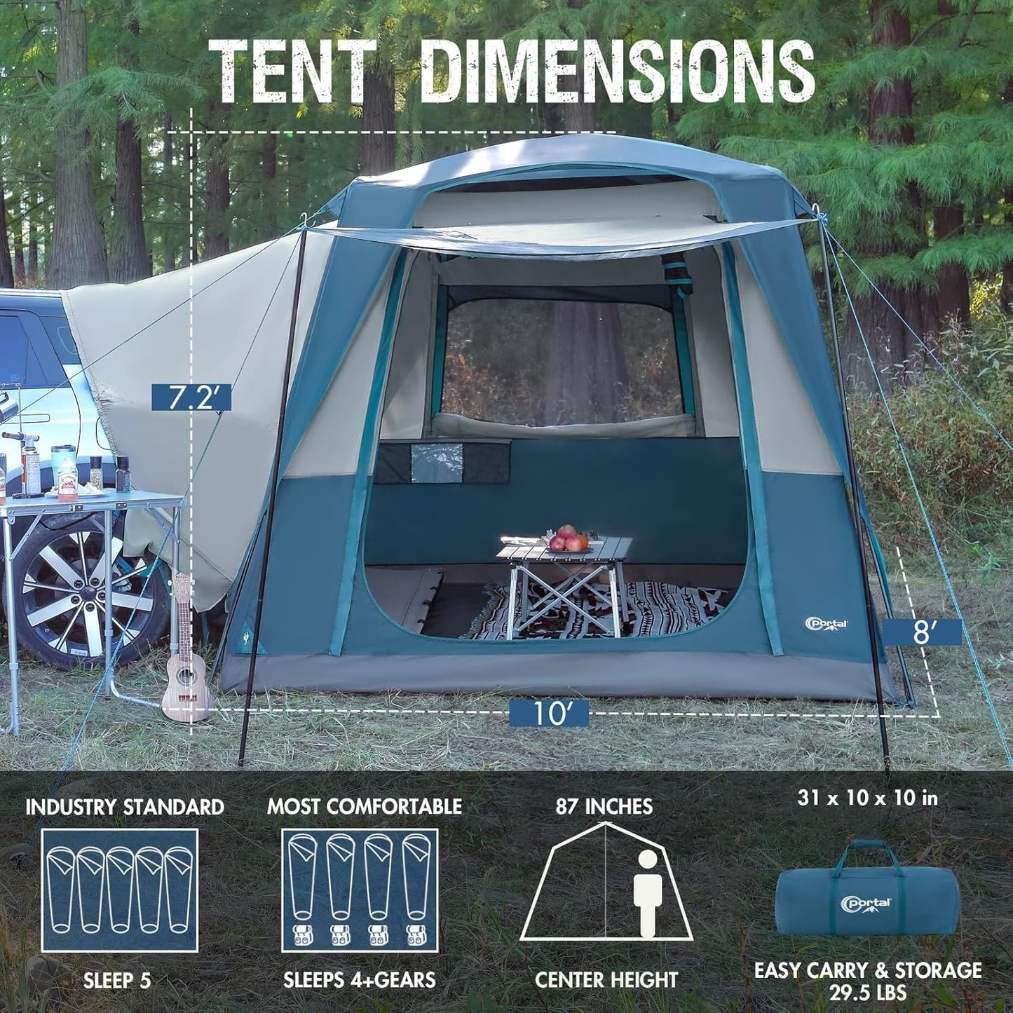 Portal 5-Person SUV Tent with Porch, Blue, Water-Resistant & Windproof, Spacious Car Camping Tent, Fits SUVs, MPVs, Vans & Pickups