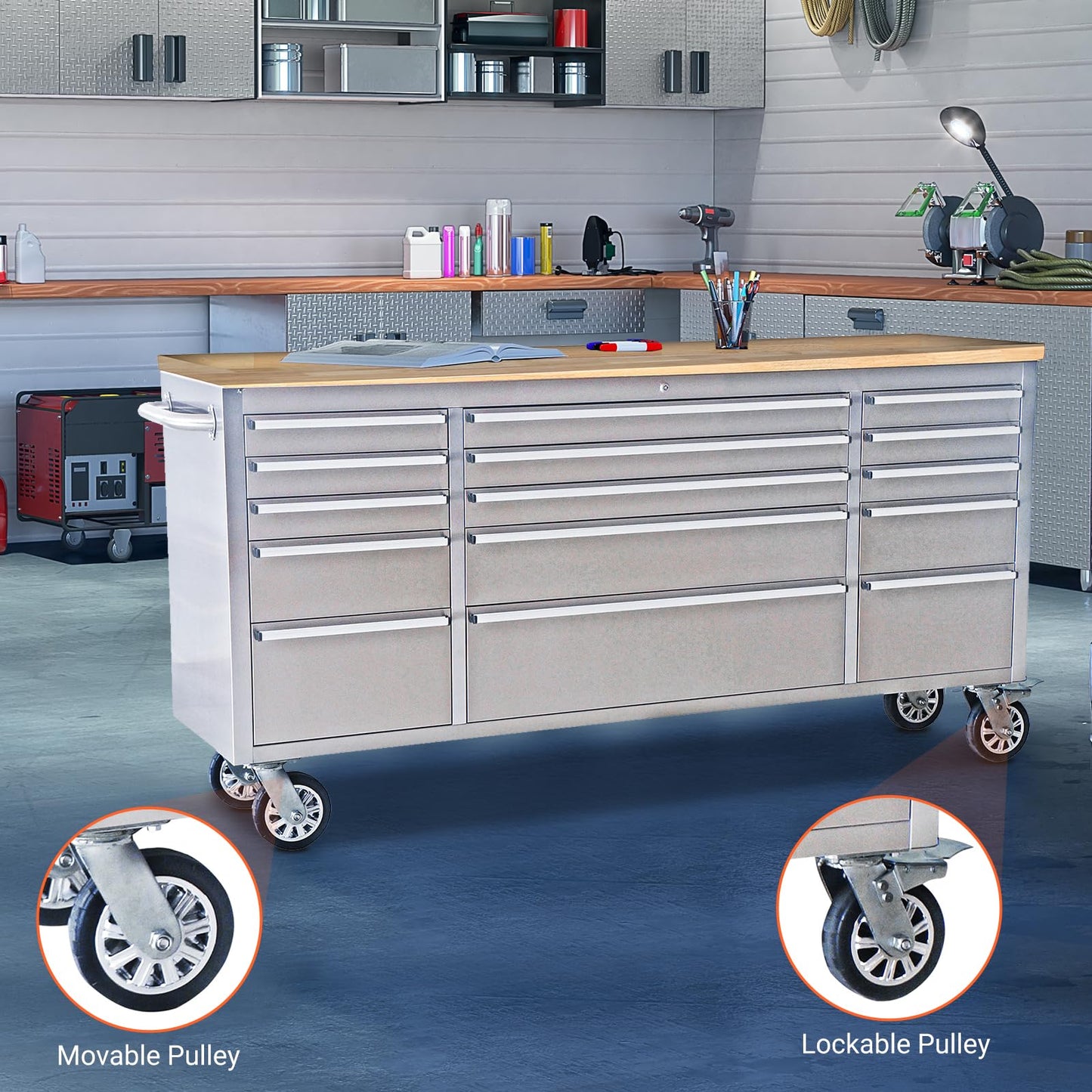 72 Inch Heavy Duty Rolling Tool Chest, Stainless Steel Tool Cabinet with 15 Drawers, Solid Wood Top Workbench, Mobile Toolbox Organizer with Locking Wheels, Power Outlets, for Garage, Workshop, Storag