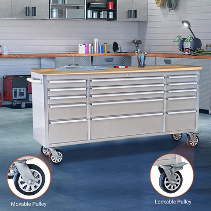 72 Inch Heavy Duty Rolling Tool Chest, Stainless Steel Tool Cabinet with 15 Drawers, Solid Wood Top Workbench, Mobile Toolbox Organizer with Locking Wheels, Power Outlets, for Garage, Workshop, Storag