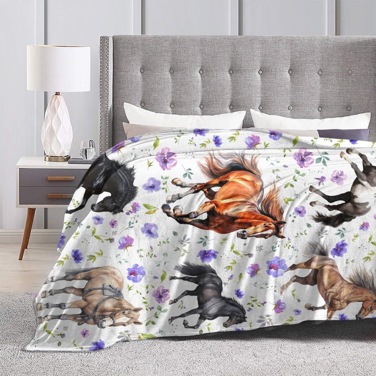 Horse Flower Blanket for Boys and Girls - Cozy Soft Flannel Lightweight Warm Gift for Horse Lovers - Used for Room Bed Camping 40"x50" for Kids Children
