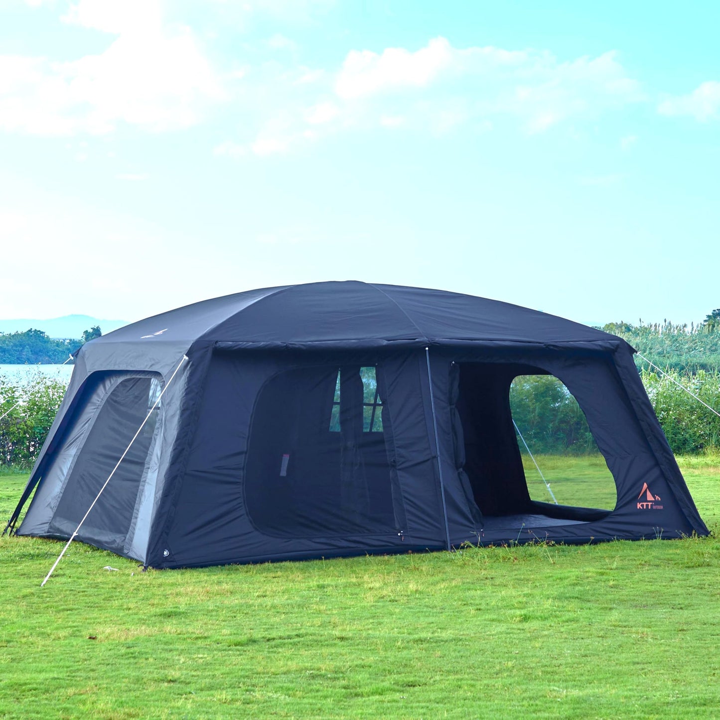 KTT Extra Large Tent 12-14 Person,Family Cabin Tents,2 Rooms,Straight Wall,2 Doors 4 Windows with Mesh,Waterproof,Straight Wall,Big Tent for Outdoor,Picnic,Camping,Gathering(Black)