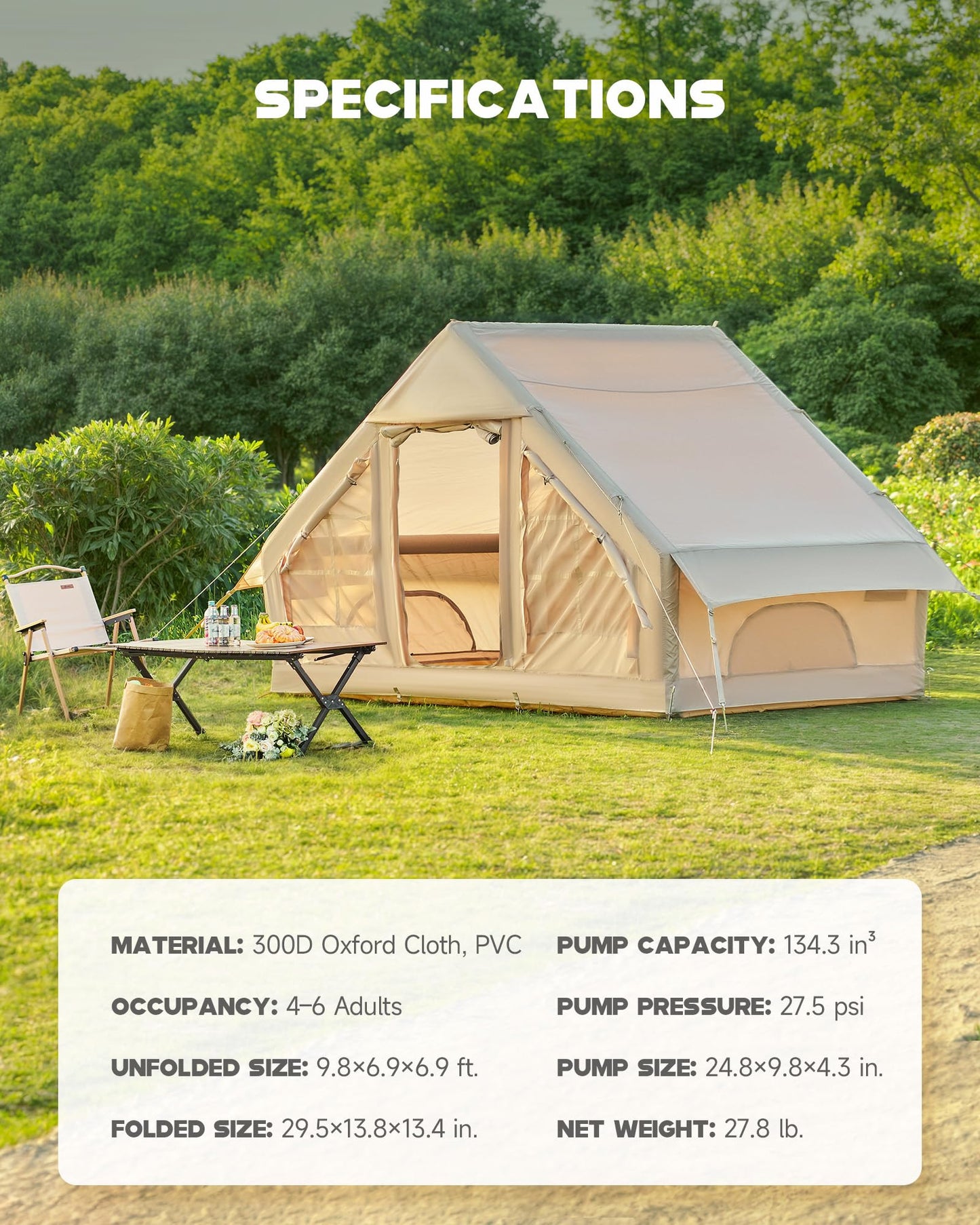 Dartmoor Inflatable Camping Tent, 4-6 Person Air Glamping Tent with Pump, Waterproof Blow Up Tent for Outdoor, 4 Season, Easy Setup, Dual Doors, Windows