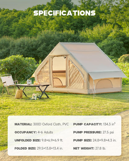 Dartmoor Inflatable Camping Tent, 4-6 Person Air Glamping Tent with Pump, Waterproof Blow Up Tent for Outdoor, 4 Season, Easy Setup, Dual Doors, Windows