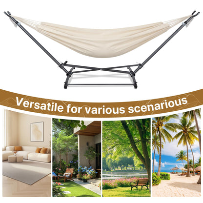 Homgava Portable Hammock with Folding Hammock Stand,Heavy Duty Steel Hammock Stand for Indoor and Outdoor with Carrying Bag,3 Holes for Height Adjustment, 550 LBS Weight Capacity,Off White