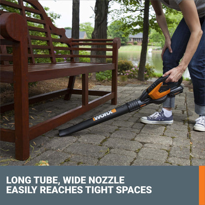 WORX Cordless Leaf Blower, Electric Blowers for Lawn Care with 120 MPH & 3.5 LBS, Long Nozzle Design for Narrow Spaces with Cleaning Attachments, Battery & Charger Included, WG545.1