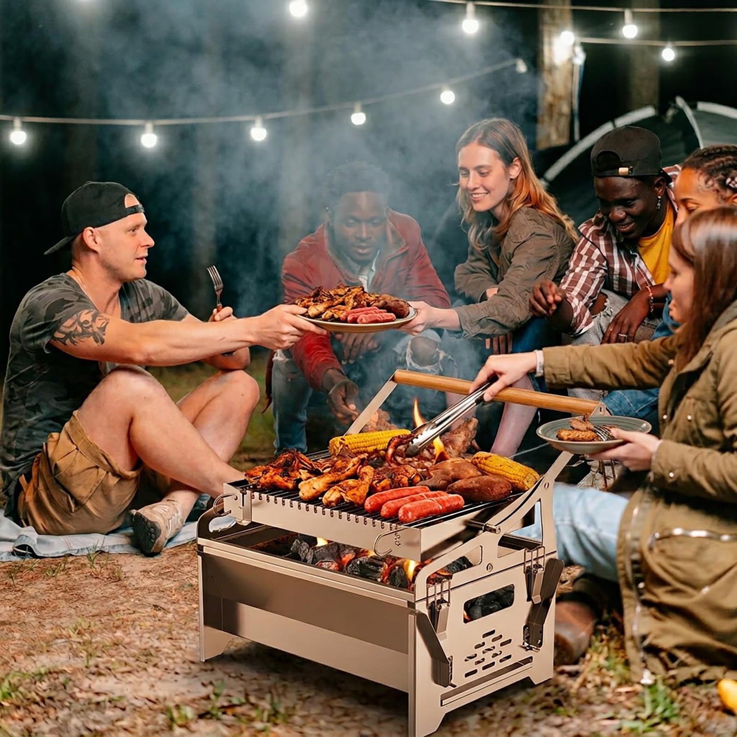 360° Rotating Charcoal Grill with Flipping Basket, Portable Stainless Steel BBQ Grill for Camping, Picnic & Backyard, Detachable Outdoor Barbecue Smoker Grill with Carry Bag, 15.6" × 15.4" × 11"