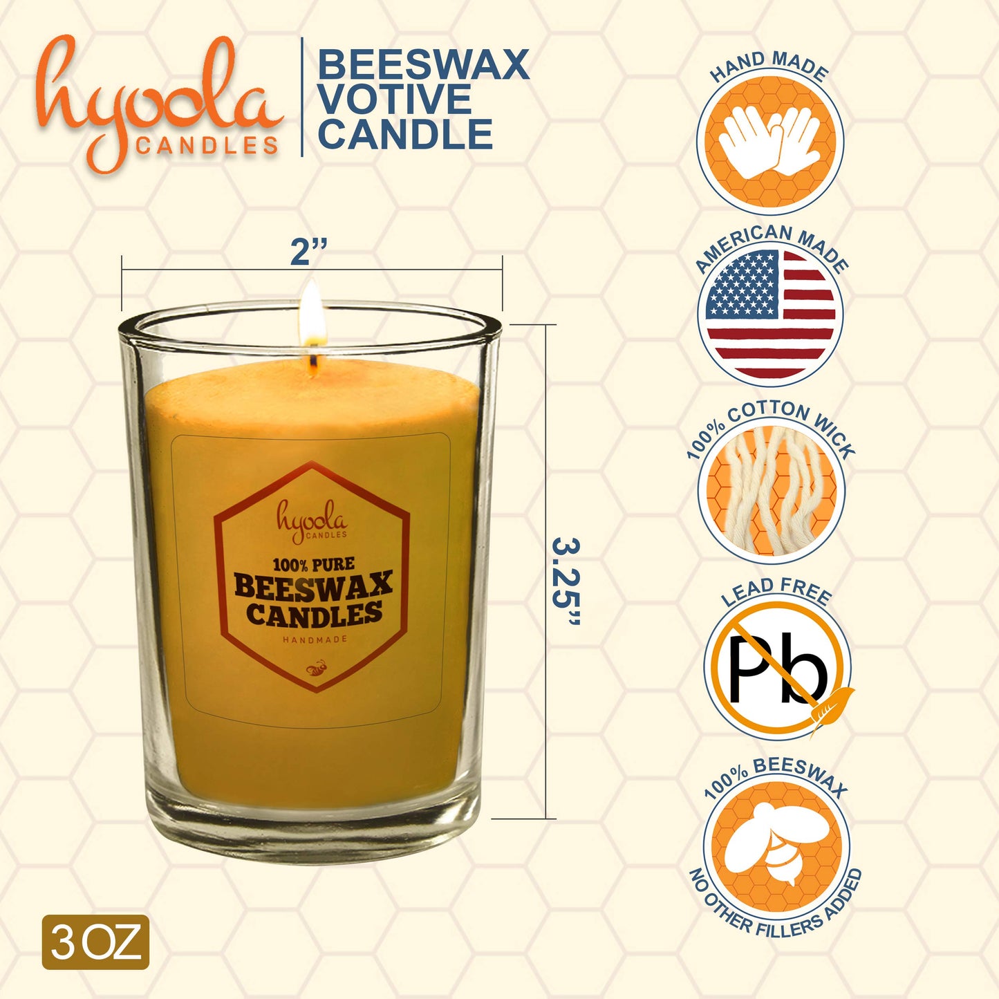 Hyoola Beeswax Votive Candles 3 Pack - Handmade, All Natural, 100% Pure Unscented Bee Wax Candle - Decorative, Golden Yellow Beeswax Candle - 30 Hour Burn Time