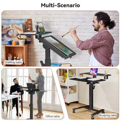 Liftsync 28Inch Rolling Standing Desk On Wheels， Small Computer Workstation Adjustable Height， Mobile Laptop Stand with Tiltable Desktop， 2-Tier Portable Study Table with Storage Shelves， Black
