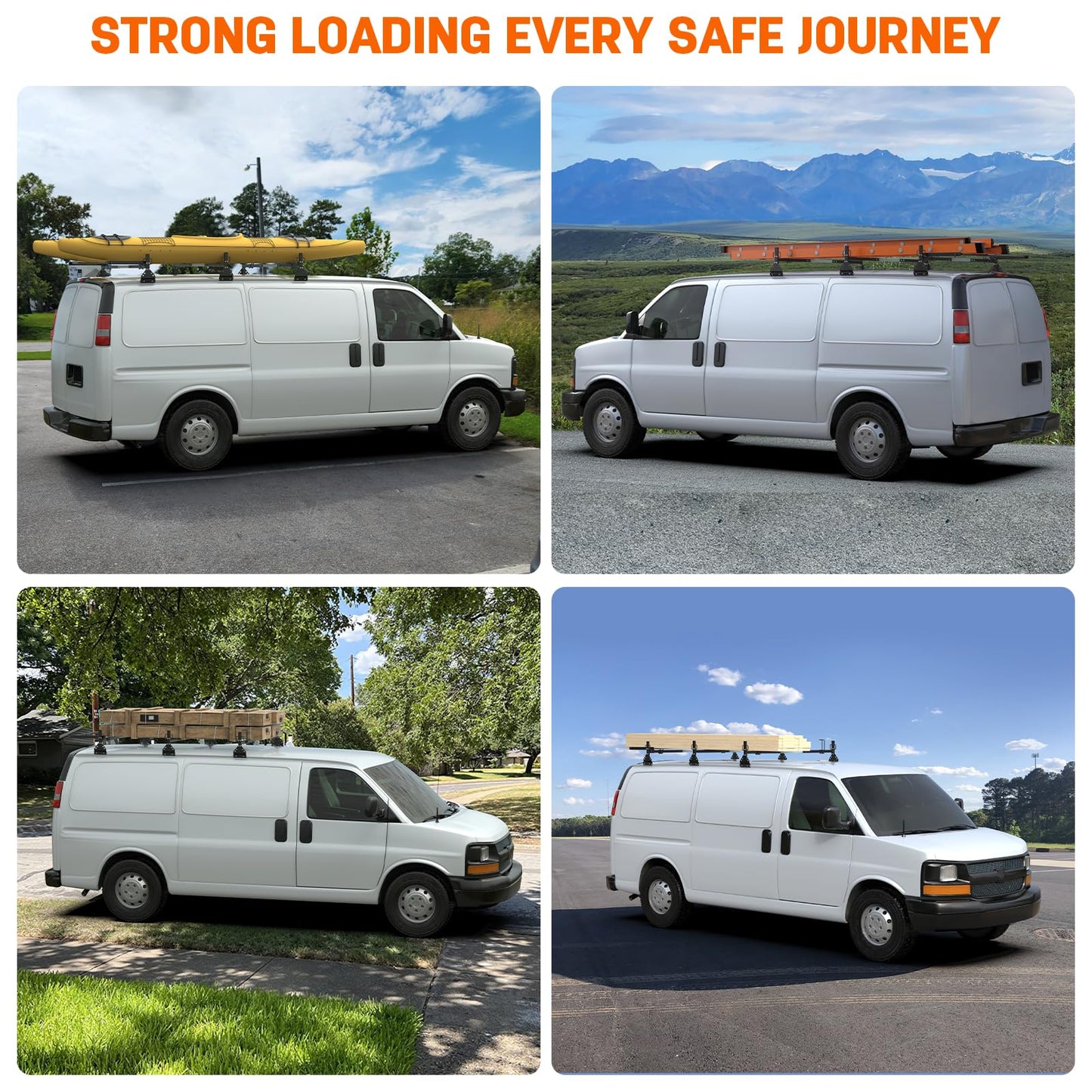 Universal Van Roof Ladder Racks with Rear Roller-3 Bars,Adjustable Length 46.8''-63.4'',Compatible with 1996-up Chevy Express 1500 2500 3500,Ford Econoline GMC Savana Fullsize .800LBS Load-Capacity