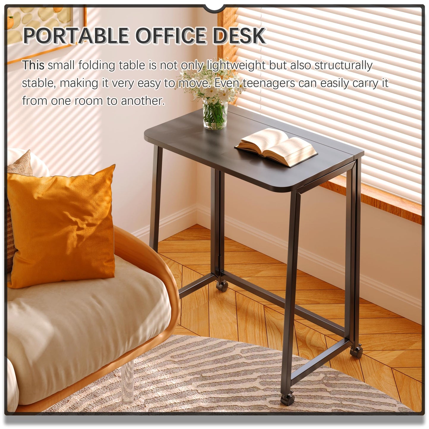 4NM 23.6" Mobile Small Folding Desk, Foldable Rolling Computer Home Office Desk, Study Writing Table for Small Space Saving Bedroom, with Wheels - All Black