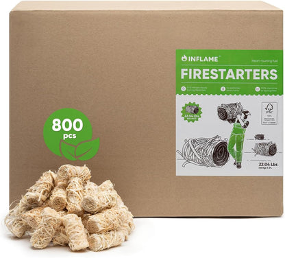 Inflame Fire Starters 800 pcs - Fire Starters for Campfires, Charcoal, Grill, BBQ, Fireplace, Chimney, Woodstove - Waterproof, Weather-Resistant - Natural Wood Starters
