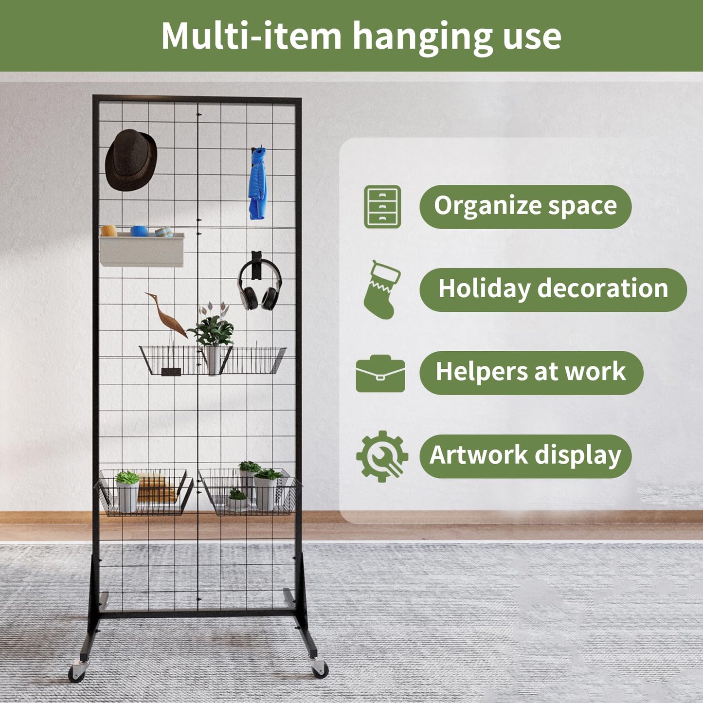 RCZSCBK 2' x 5.5' Grid Wall Panels Standing Wire Grid, Study Display Rack with T-Base Wheels Freestanding Gridwall Panel Tower for Shows, Black (4) (4)