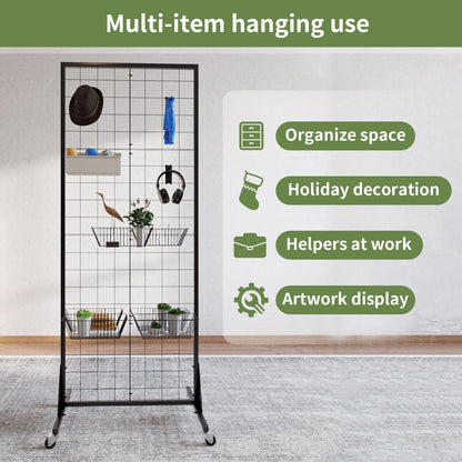 RCZSCBK 2' x 5.5' Grid Wall Panels Standing Wire Grid, Study Display Rack with T-Base Wheels Freestanding Gridwall Panel Tower for Shows, Black (4) (4)