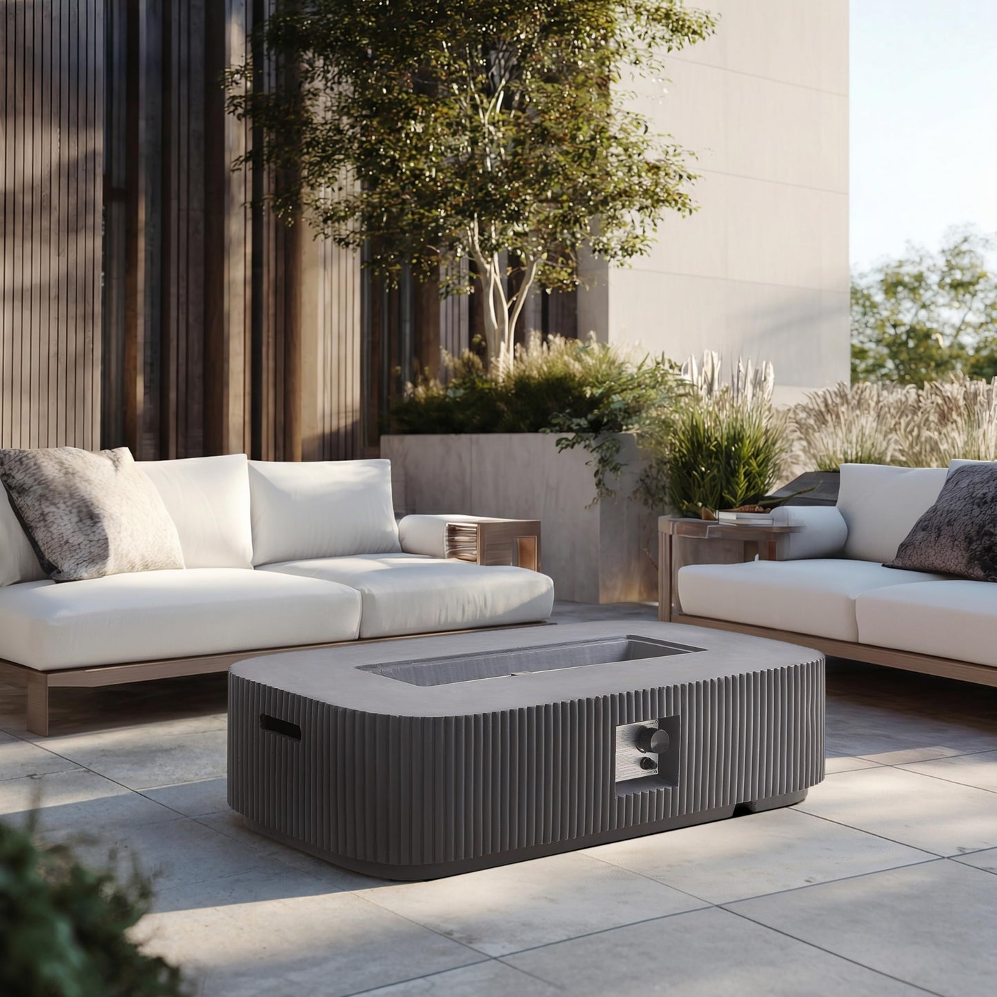 Christopher Knight Home Tahiti Outdoor Propane Fire Pit Table with Lava Rock, No Assembly MGO Tank Table for Patio/Deck, 50000 BTU, MGO Rectangular Tabletop Fire Pit, Modern Patio Fire Table, Gray