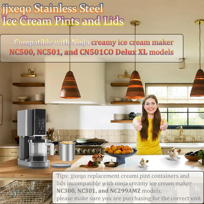 Ninja Creami Deluxe Containers - 4 Pack Stainless Steel with Silicone Lids | BPA-Free & Dishwasher Safe
