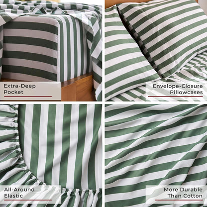 Mellanni California King Sheets Set - Hotel Luxury, Extra Soft & Cooling - Wrinkle & Stain Resistant (Oxford Stripe Sage)