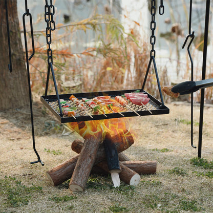 REDCAMP Swing Campfire Grill Stand - Collapsible Campfire Cooking Rack with 6 Hooks & Iron Grill Grate, Portable Dutch Oven Hanger for Outdoor Camping, Cookware, Bonfire, Rectangle