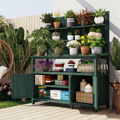 Merax Outdoor Potting Bench Table with Hutch, 50.2" Fir Wood Garden Workstation, Large Countertop, 2 Shelves, 2 Cabinets, 3 Side Hooks, Wooden Gardening Planting Table for Backyard, Patio, Green