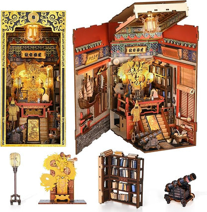 Book Nook Kit 3D Wooden Puzzle for Teens and Adults DIY Miniature Dollhouse Booknook Kit Bookend Bookshelf Insert Decor with LED Light (The Emperor’s Study)