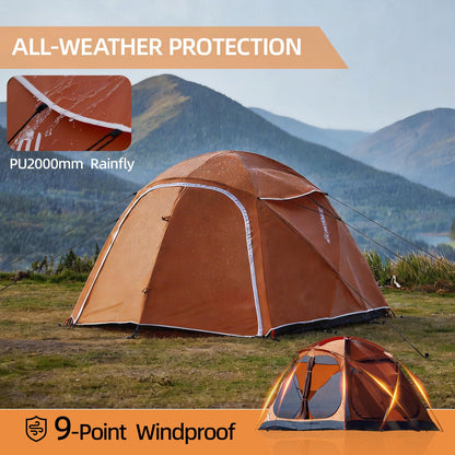 EchoSmile 3-5 Person Family Camping Tent, Waterproof Windproof Heavy Duty Dome Shelter, Easy Setup Multi-Pole Cabana with Extra Storage Room for Wet Bags & Shoes, Outdoor Hiking Travel - Orange