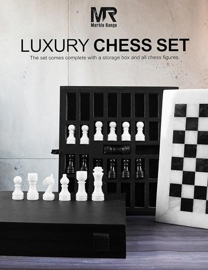 Marble Chess Set for Adults 12 Handmade White &amp Black Board Game with 32 Chess Pieces 2 Extra Queens &amp Storage Box Luxury Travel Game Elegant for Home Decor