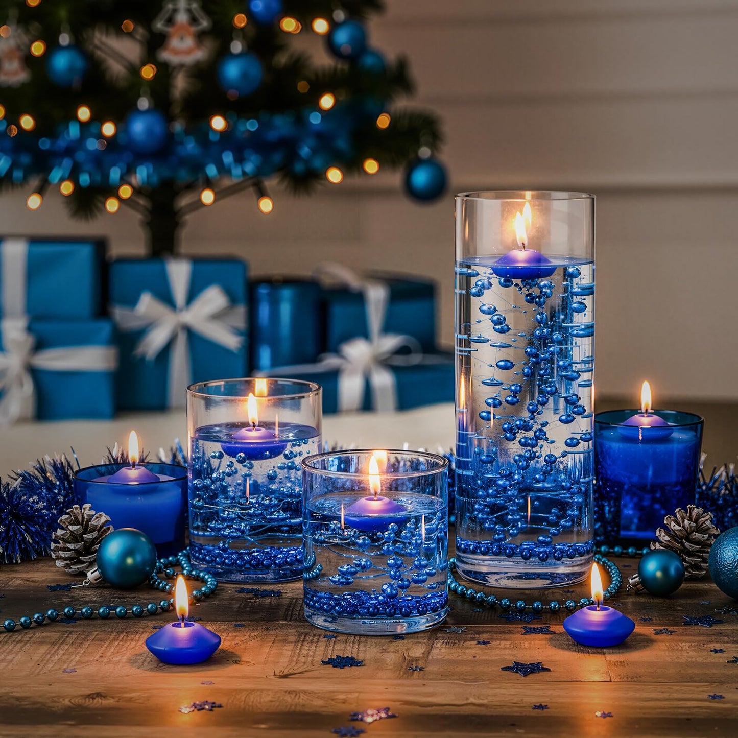 Fumete 40 Pcs Blue Floating Candles Pearl Strings for Centerpieces Small Unscented Floating Candles Vase Fillers Table Decoration for Meditation, Spa, Swimming Pool Party, Wedding Dining Table Decor