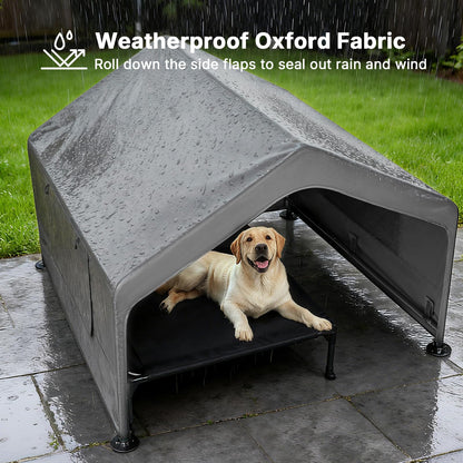 Veehoo Extra Large Dog House Outdoor with Elevated Dog Bed, Outside Dog Tent 4.1'x4.1'x3.3', Weatherproof Dog Shade Shelter and Raised Bed Combo for Pets or Stray Animals, Grey, CWC2530CP
