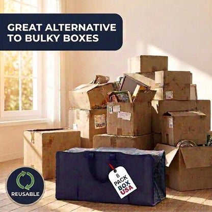 BOX USA 8-Pack Moving Bags - Heavy Duty Extra Large Storage Bags with Strong Handles & Zippers | Blue