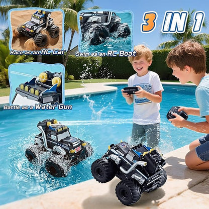 3-in-1 Amphibious Remote Control Car RC Boat/Water Gun 2.4GHz All Terrain Waterproof Monster Trucks for Boys Age 4-7 W/2 Batteries 70 min Birthday Gift Pool Toys for Kids Ages 4-8