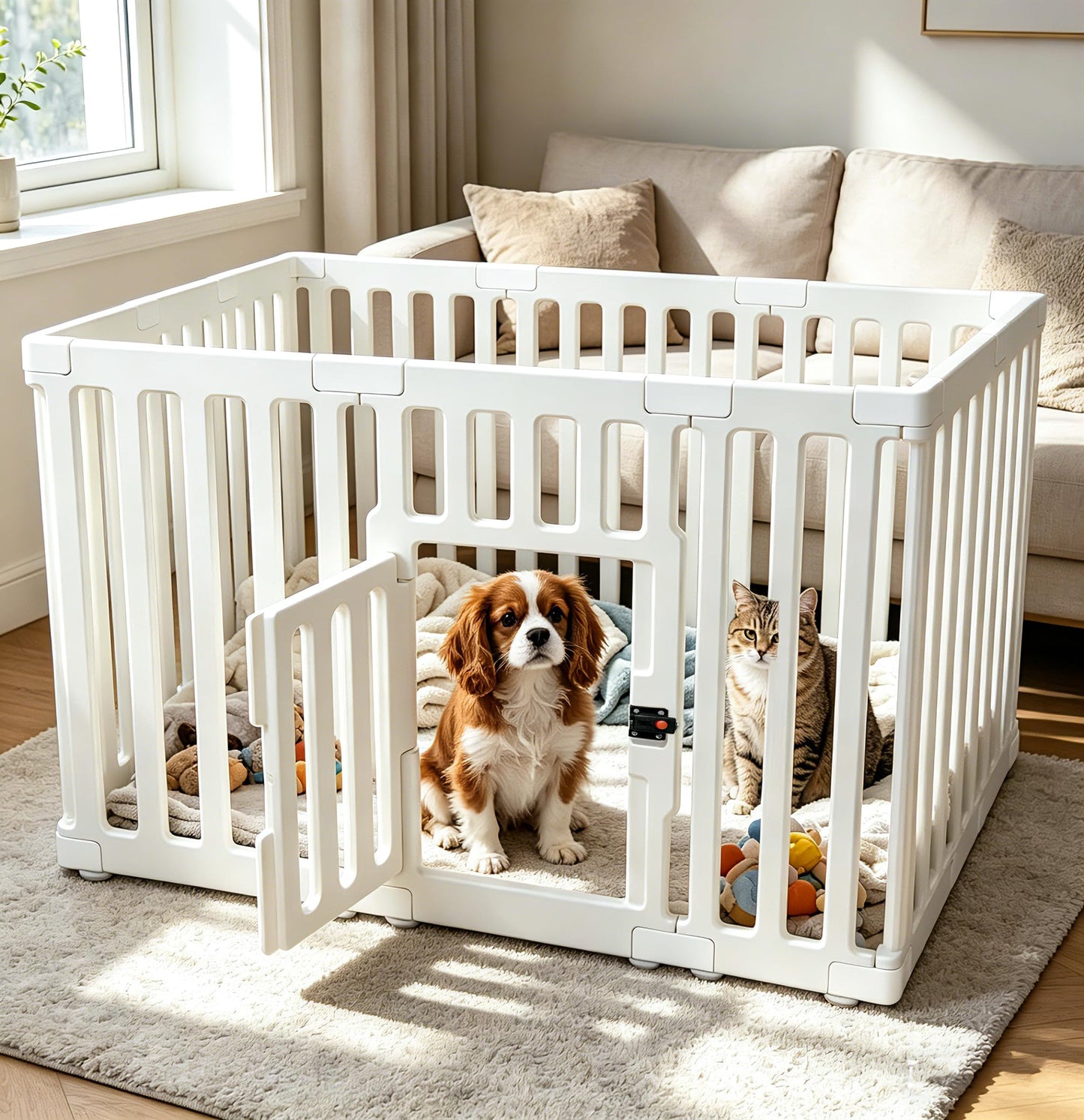 Dog Playpen with Locking Door - 12 Panels Indoor Puppy Play Pen & Pet Fence, 25.6 Inch Height Portable Playpen for Small Medium Dogs & Cats, Easy Set Up, Durable Plastic, White