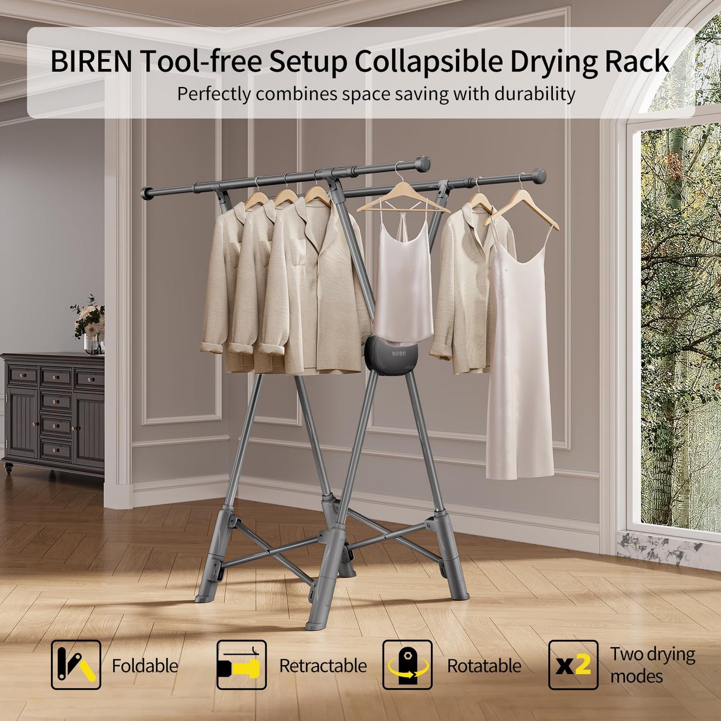 BIREN Clothes Drying Rack Heavy Duty Clothing Racks Foldable Laundry Rack Two Drying Modes Garment Racks for Drying Clothes, Adjustable Length from 32-55 Inches for Indoor Outdoor Use