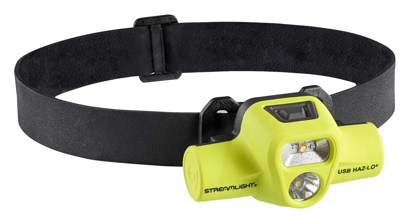 Streamlight 61463 USB HAZ-LO 250-Lumen Intrinsically Safe Headlamp with 120V AC Charging System and Cradle, Elastic Head Strap, Rubber Hard Hat Strap, and 3M Dual Lock Fasteners, Yellow