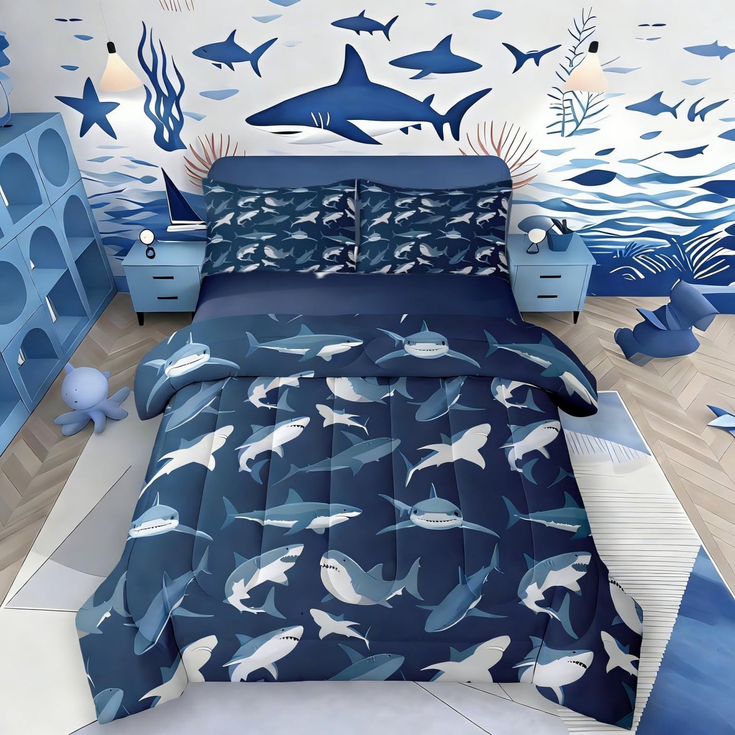 Erosebridal 10 Pieces - Boys Shark Ocean Themed 2 Comforters + 4 Pillow Cases + 1 Fitted Sheet + 1 Flat Sheet + 2 Pillow Shams