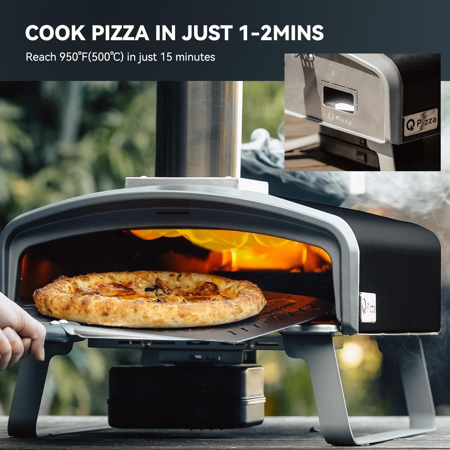 Q Pizza Wood Pellet Pizza Oven with Rotatable Stone, Portable Pellet Pizza Oven with Chimney and Door, Outdoor Pizza Stove for Backyard, Camping, Picnicking, RV, Tailgating, PS106