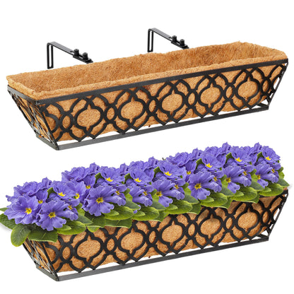 HFHOME 24 Inch Window Deck with Coco Liner, 24" Window Boxes Horse Trough with Coconut Coir Liner, Black Metal Hanging Flower Planter Basket Railing Planter for Outdoor Indoor Lawn - 2 Pack