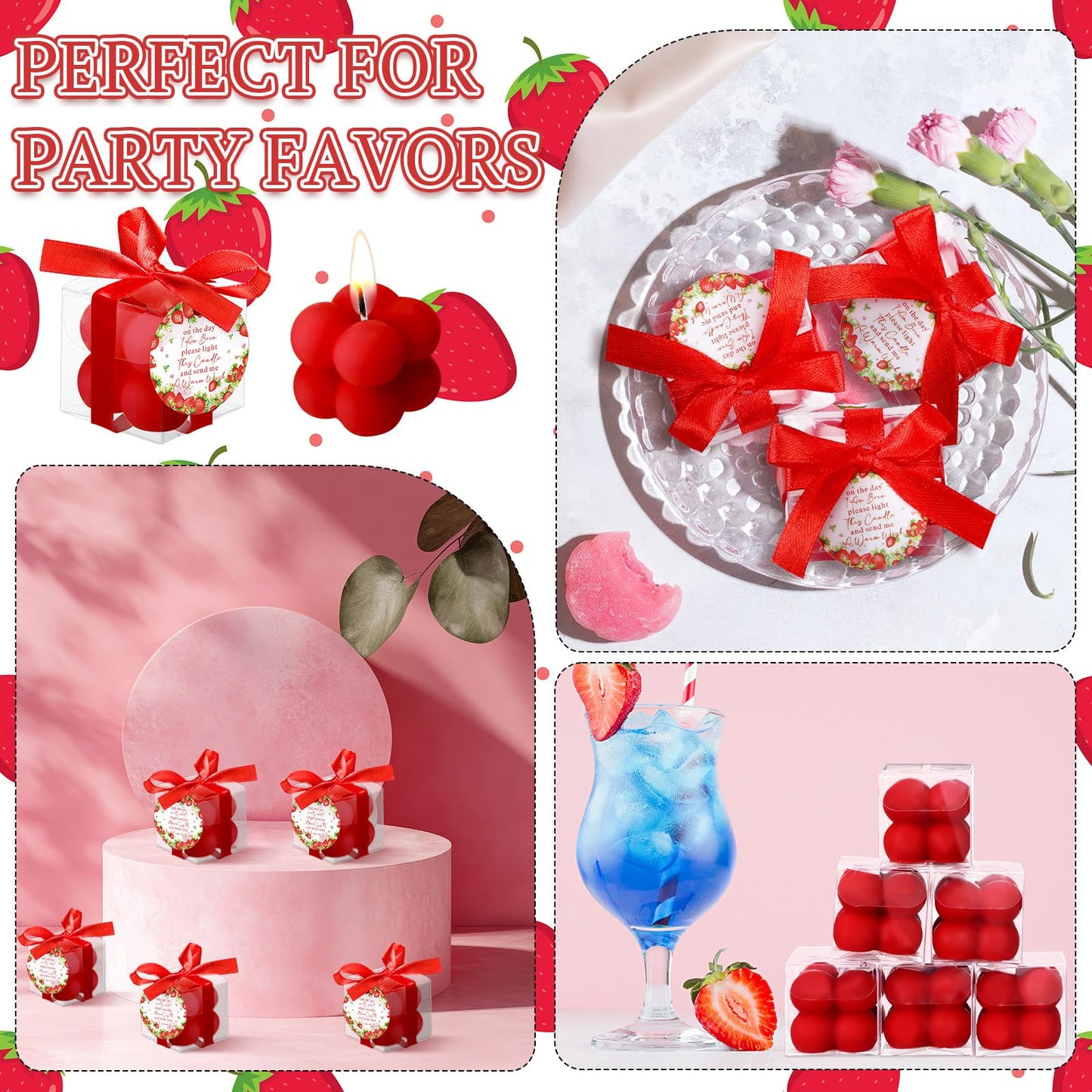 MTLEE 24 Sets Strawberry Baby Shower Favors Small Bubble Candle for Guests Tea Candles Bulk with Stylish Ribbons Cards Gifts Party Decoration(Bright Red, Strawberry)