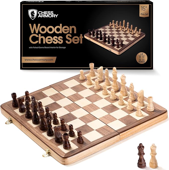 Chess Armory Wooden Chess Set 15 Inch - Classic Handcrafted Game Board for Adults with Extra Queen Pieces and Storage Box - Ideal for Home and Travel - Non-Magnetic