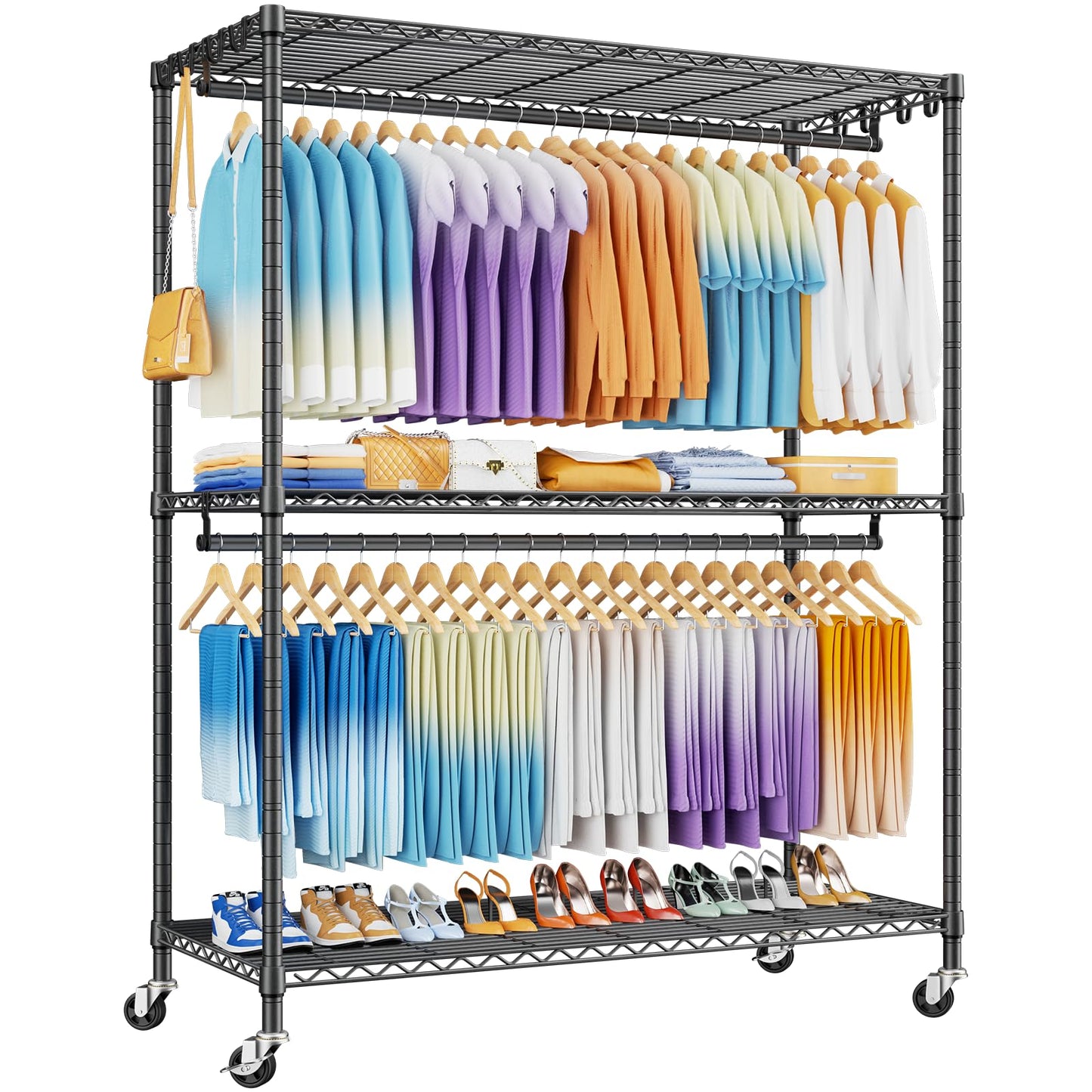 ULIFHOME P8 Max Heavy Duty Clothes Rack（With Extended Width Design） Rolling Clothing Racks for Hanging Clothes，Portable Garment Rack with Lockable Wheels，51.2" W x 15.8" D x 80.5" H，Load 700LBS，Grey