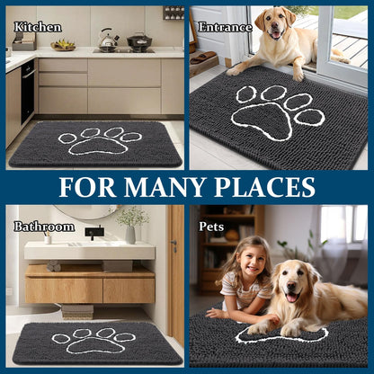 OLANLY Dog Door Mat - Absorbent Non-Slip Chenille for Muddy Paws | 70x32 Dark Grey Paw Print Design