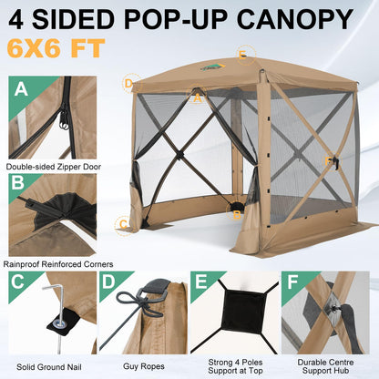 COBIZI 6x6 FT Pop up Gazebo Tent, Waterproof Instant Screen with Mosquito Netting, Portable Outdoor Small Screen Tents Sun Shelter, carpas para Patio for Outdoor Camping, Backyard and Garden, Khaki
