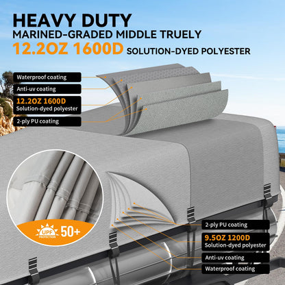5-Ply 1600D+1200D Pontoon Boat Cover - Fully Waterproof & Ultra-Durable Tear-Resistant, with Large Storage Bag & Reinforced Windproof Straps (Fits 21'-24' Length, Up to 102" Beam Width)